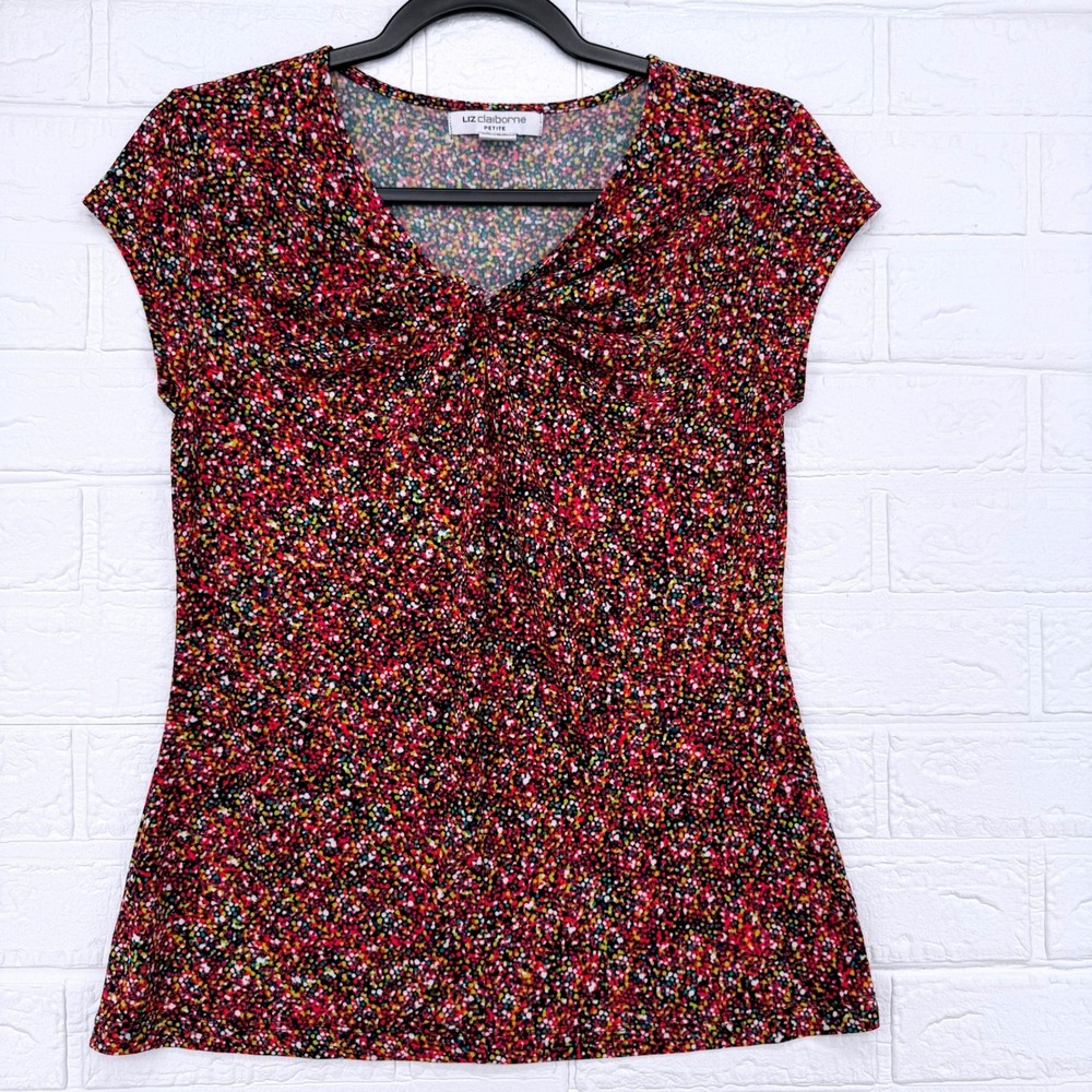 Liz Claiborne Top Women PS Multi-Color Confetti Print V-Neck Cap Sleeve Petite